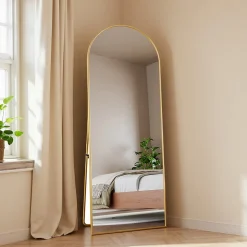 Miroir complet arqué, 162 x 53 cm, pleine longueur, sur pied ou mural, pour le salon dressing ou salle de bain, Doré