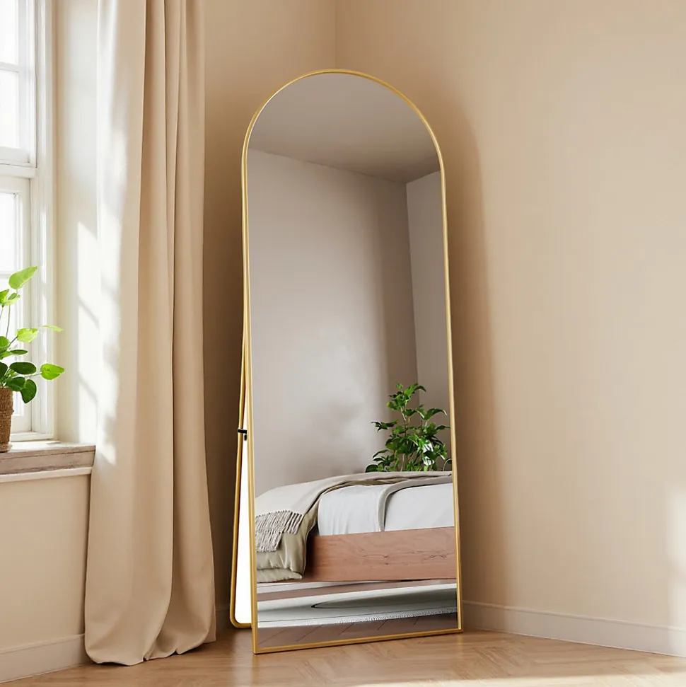 Miroir complet arqué, 162 x 53 cm, pleine longueur, sur pied ou mural, pour le salon dressing ou salle de bain, Doré