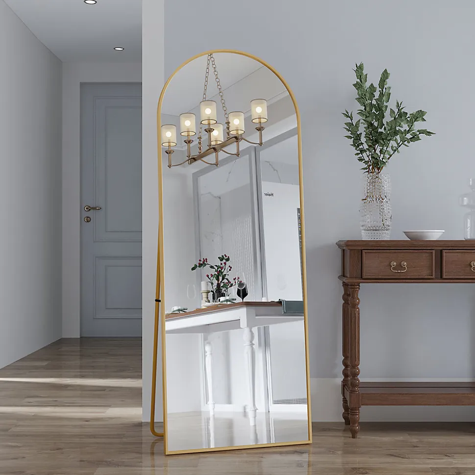 Miroir complet arqué, 162 x 53 cm, pleine longueur, sur pied ou mural, pour le salon dressing ou salle de bain, Doré