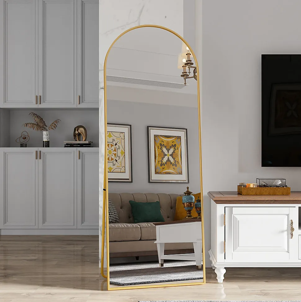 Miroir complet arqué, 162 x 53 cm, pleine longueur, sur pied ou mural, pour le salon dressing ou salle de bain, Doré