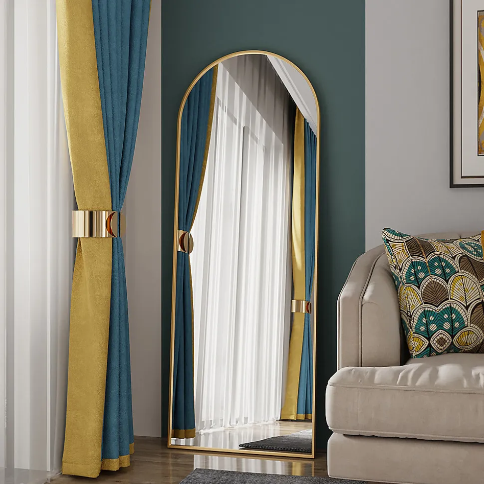 Miroir complet arqué, 162 x 53 cm, pleine longueur, sur pied ou mural, pour le salon dressing ou salle de bain, Doré