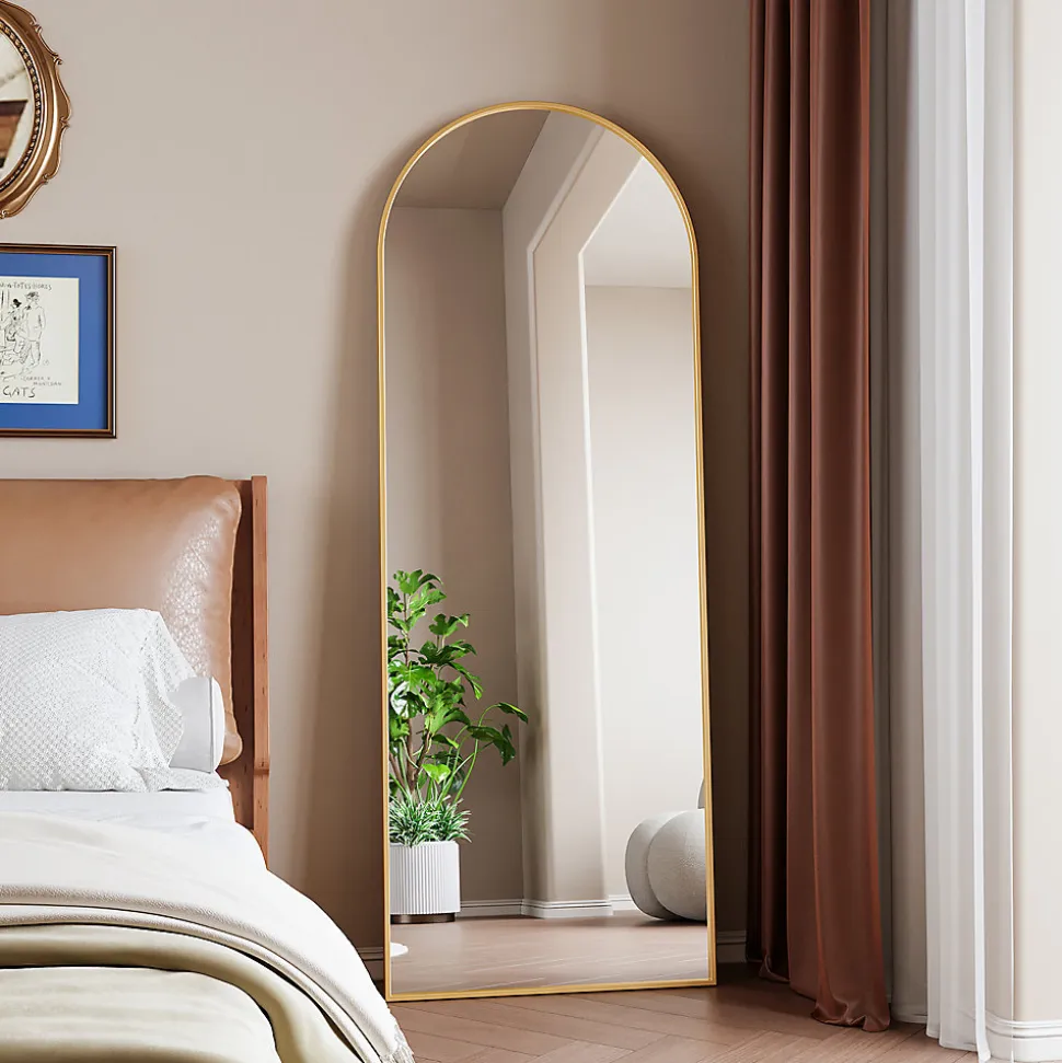 Miroir complet arqué, 162 x 53 cm, pleine longueur, sur pied ou mural, pour le salon dressing ou salle de bain, Doré