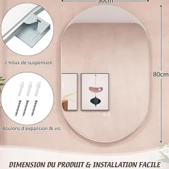 Miroir de Salle de Bain Miroir de Maquillage Mural avec Éclairage LED Fonction Anti Buée Miroir Ovale sans Cadre