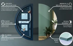 Miroir demi-rond LED 25x50 cm éclairage neutre mural design
