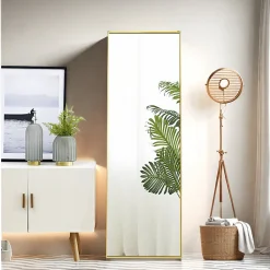Miroir en Pied Grand, 150x40 cm, Grand Miroir de Sol Pleine Longueur, Suspendu, Rectangulaire, Doré