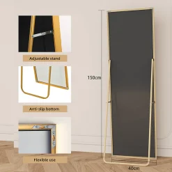 Miroir en Pied Grand, 150x40 cm, Grand Miroir de Sol Pleine Longueur, Suspendu, Rectangulaire, Doré