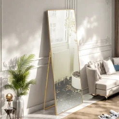 Miroir en Pied Grand, 150x40 cm, Grand Miroir de Sol Pleine Longueur, Suspendu, Rectangulaire, Doré