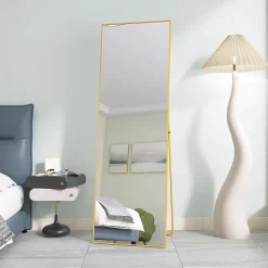 Miroir en Pied Grand, 150x40 cm, Grand Miroir de Sol Pleine Longueur, Suspendu, Rectangulaire, Doré