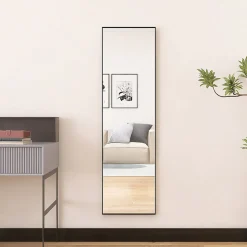 Miroir en Pied Grand, 140x40 cm, Grand Miroir de Sol Pleine Longueur, Suspendu, Rectangulaire, Noir