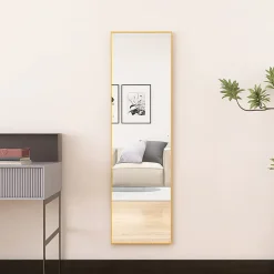 Miroir en pied grand, 140x40 cm, sur pied ou mural, cadre aluminium, grand miroir rectangulaire pour salon ou chambre, Doré