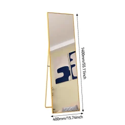 Miroir en pied grand, 140x40 cm, sur pied ou mural, cadre aluminium, grand miroir rectangulaire pour salon ou chambre, Doré
