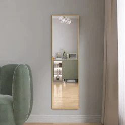 Miroir en pied grand, 140x40 cm, sur pied ou mural, cadre aluminium, grand miroir rectangulaire pour salon ou chambre, Doré