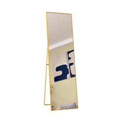Miroir en pied grand, 140x40 cm, sur pied ou mural, cadre aluminium, grand miroir rectangulaire pour salon ou chambre, Doré