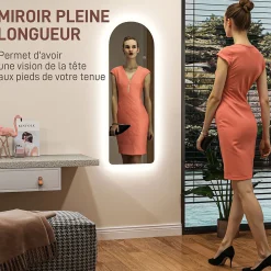 Miroir mural LED arqué pleine longueur dim. 40L x 120H cm - miroir LED réglable tactile - verre trempé