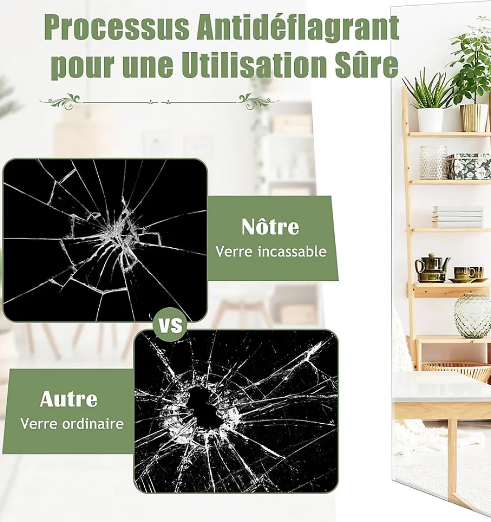 Miroir Mural Pleine Longueur 110x38cm Miroir rectangulaire sans Cadre avec Accessoires de Montage Mural Miroir Long