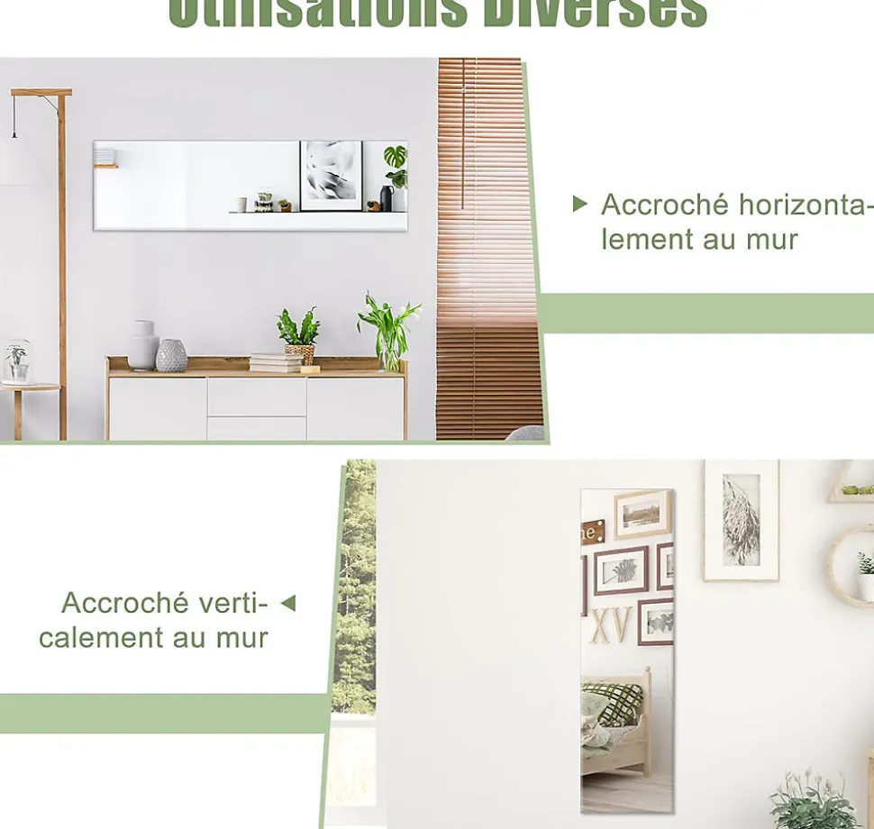 Miroir Mural Pleine Longueur 110x38cm Miroir rectangulaire sans Cadre avec Accessoires de Montage Mural Miroir Long