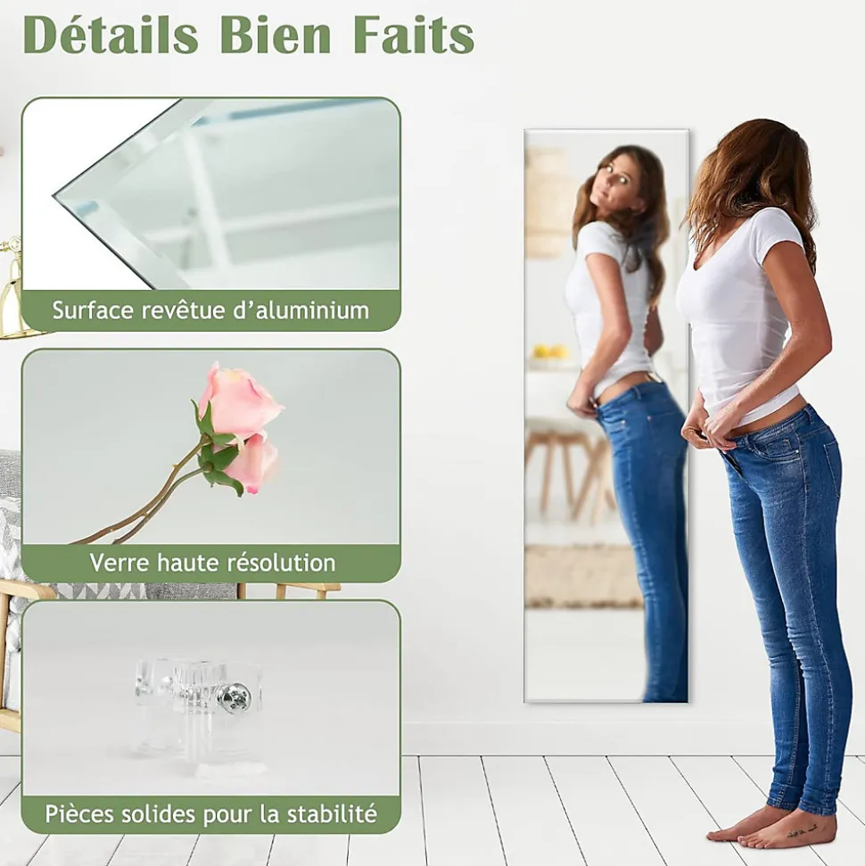 Miroir Mural Pleine Longueur 110x38cm Miroir rectangulaire sans Cadre avec Accessoires de Montage Mural Miroir Long