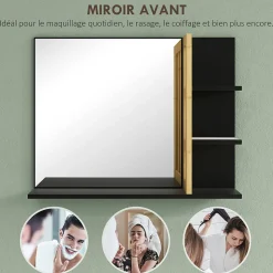 Miroir mural salle de bain - étagères - bambou verni MDF noir