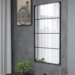 Miroir mural verrière rectangulaire style industriel - horizontal ou vertical - 4 crochets - métal noir