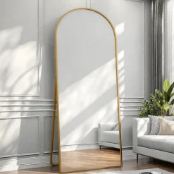 Miroir pleine longueur Arqué 180x80 cm, Grand Miroir Sur Pied, sur pied ou mural, cadre aluminium doré, Doré