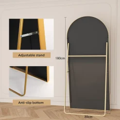 Miroir pleine longueur Arqué 180x80 cm, Grand Miroir Sur Pied, sur pied ou mural, cadre aluminium doré, Doré