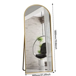 Miroir pleine longueur Arqué 180x80 cm, Grand Miroir Sur Pied, sur pied ou mural, cadre aluminium doré, Doré