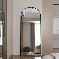 Miroir pleine longueur Arqué 180x80 cm, Grand Miroir Sur Pied, sur pied ou mural, cadre aluminium doré, Doré