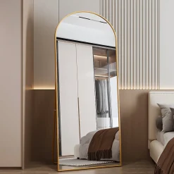 Miroir pleine longueur Arqué 180x80 cm, Grand Miroir Sur Pied, sur pied ou mural, cadre aluminium doré, Doré