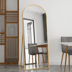 Miroir pleine longueur Arqué 180x80 cm, Grand Miroir Sur Pied, sur pied ou mural, cadre aluminium doré, Doré