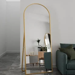 Miroir pleine longueur Arqué 180x80 cm, Grand Miroir Sur Pied, sur pied ou mural, cadre aluminium doré, Doré