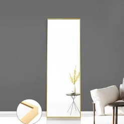 Miroir pleine longueur 150x40 cm, sur pied ou mural, cadre aluminium doré, grand miroir rectangulaire pour salon ou chambre