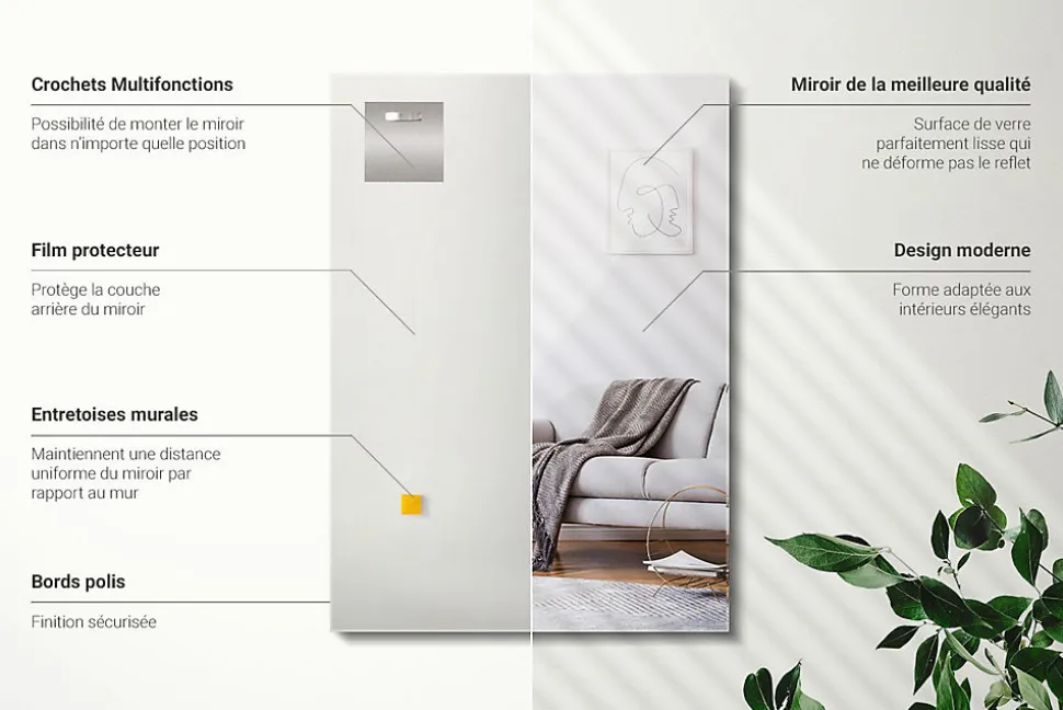 Miroir Rectangulaire Wallfluent 70 x 50 cm Miroir Décoratif Sans Cadre Pour Intérieur
