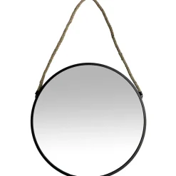 Miroir rond à suspendre en métal noir avec corde Ø30cm