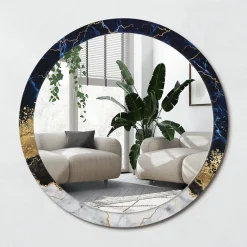 Miroir Rond Cadre Imprimé Design Wallfluent fi100 cm Marbre Bleu Tendance Boho Minimaliste Sans Joint