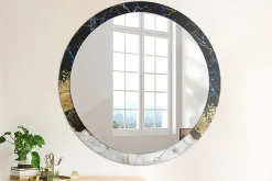 Miroir Rond Cadre Imprimé Design Wallfluent fi100 cm Marbre Bleu Tendance Boho Minimaliste Sans Joint