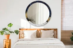 Miroir Rond Cadre Imprimé Design Wallfluent fi100 cm Marbre Bleu Tendance Boho Minimaliste Sans Joint