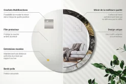 Miroir Rond Cadre Imprimé Design Wallfluent fi90 cm Loft En Marbre Tendance Boho Minimaliste Sans Joint