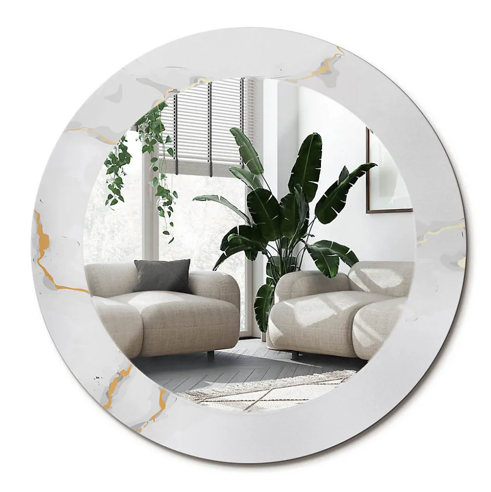 Miroir Rond Cadre Imprimé Design Wallfluent fi100 cm Marbre Blanc Tendance Boho Minimaliste Sans Joint