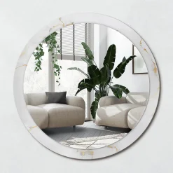 Miroir Rond Cadre Imprimé Design Wallfluent fi100 cm Marbre Blanc Tendance Boho Minimaliste Sans Joint