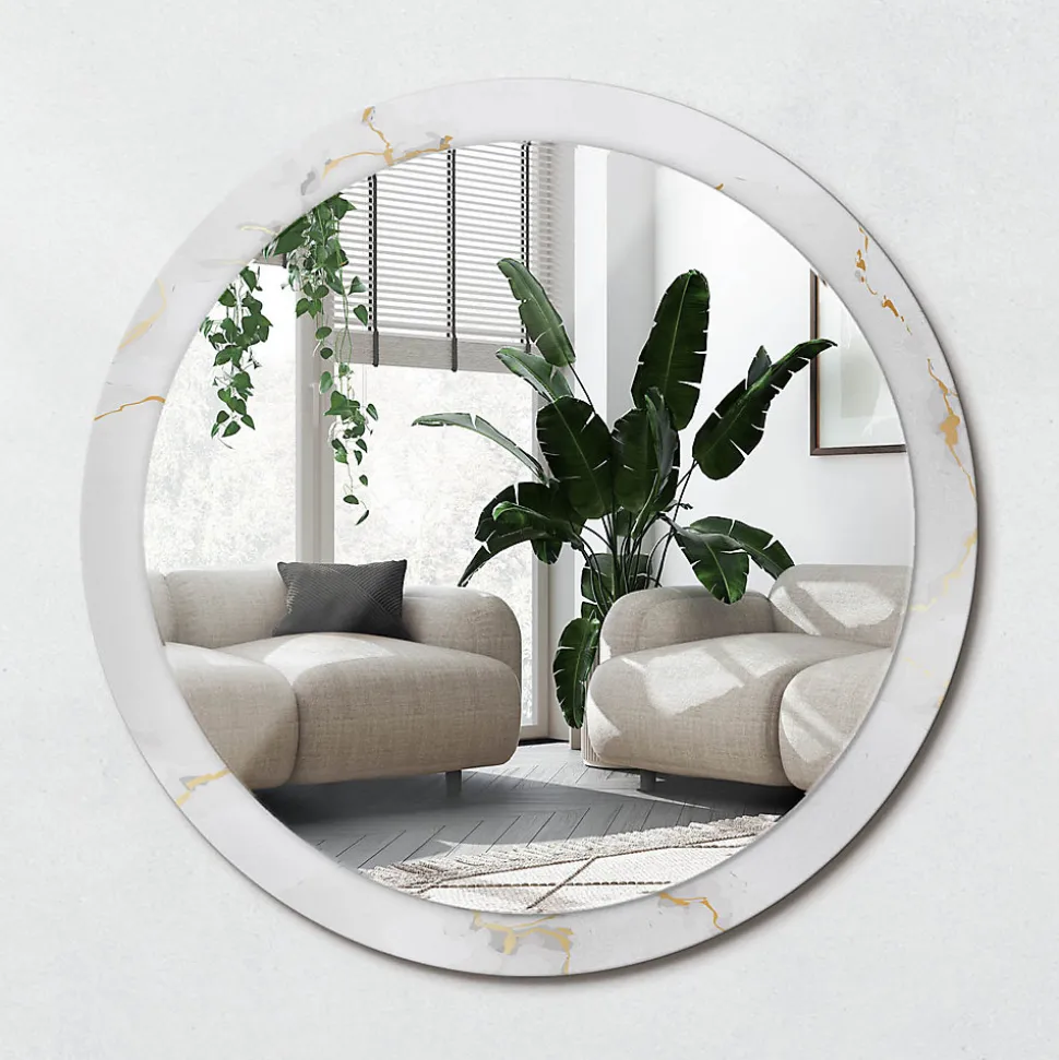 Miroir Rond Cadre Imprimé Design Wallfluent fi100 cm Marbre Blanc Tendance Boho Minimaliste Sans Joint