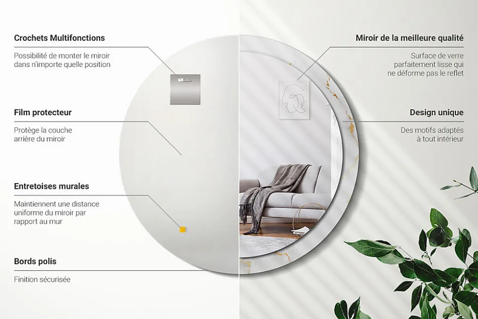 Miroir Rond Cadre Imprimé Design Wallfluent fi100 cm Marbre Blanc Tendance Boho Minimaliste Sans Joint