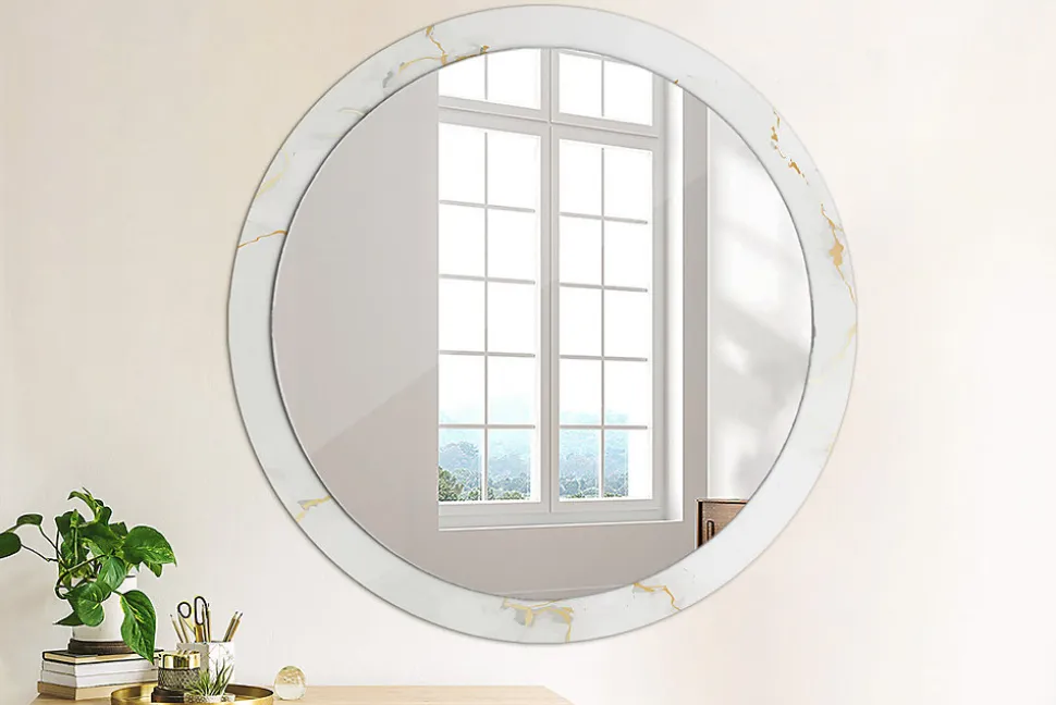Miroir Rond Cadre Imprimé Design Wallfluent fi100 cm Marbre Blanc Tendance Boho Minimaliste Sans Joint