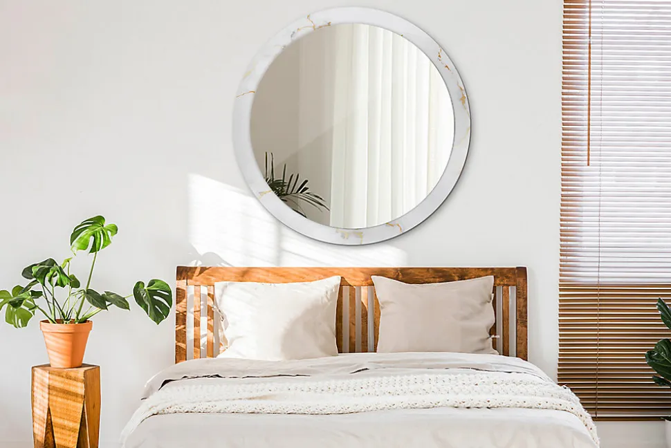 Miroir Rond Cadre Imprimé Design Wallfluent fi100 cm Marbre Blanc Tendance Boho Minimaliste Sans Joint