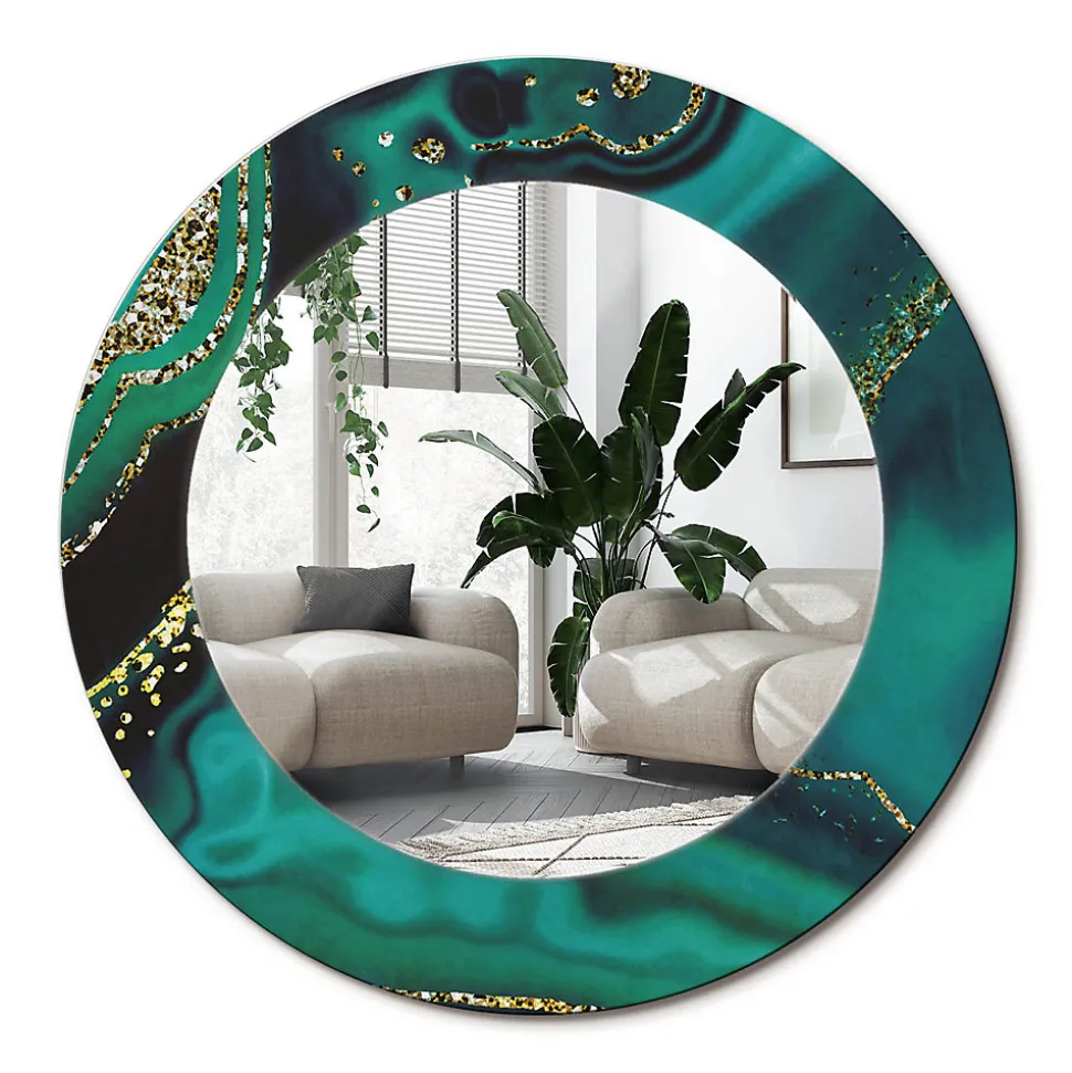 Miroir Rond Cadre Verre Imprimé Wallfluent fi50 cm Marbre Émeraude Petit Modèle Tendance Design Glamour