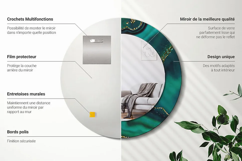 Miroir Rond Cadre Verre Imprimé Wallfluent fi50 cm Marbre Émeraude Petit Modèle Tendance Design Glamour