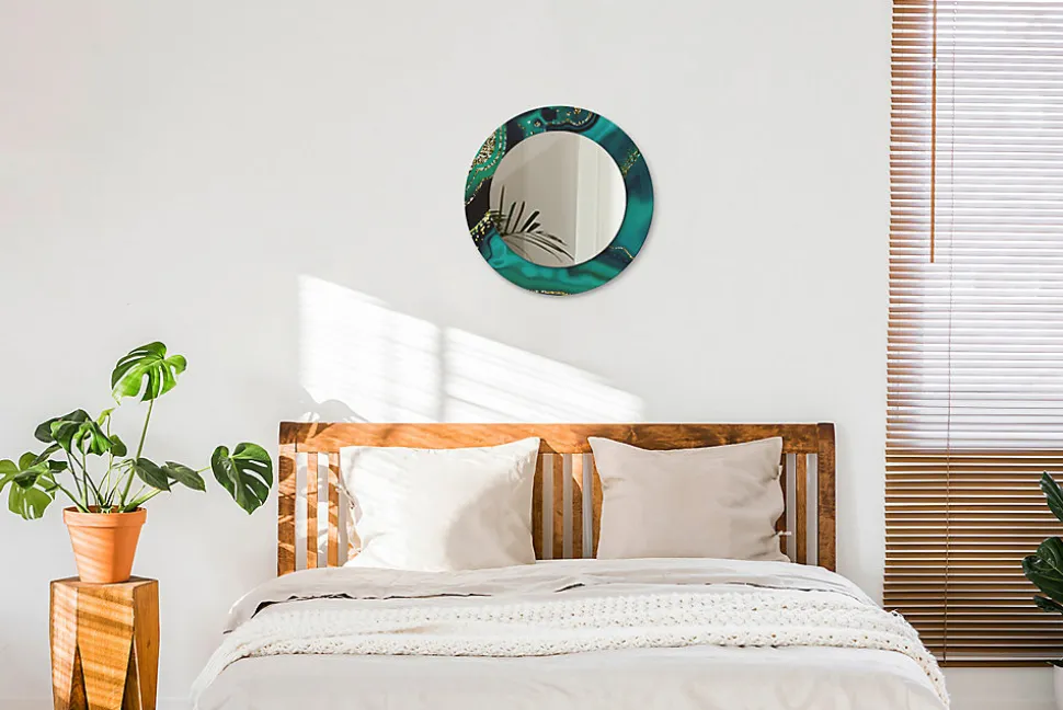 Miroir Rond Cadre Verre Imprimé Wallfluent fi50 cm Marbre Émeraude Petit Modèle Tendance Design Glamour