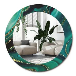 Miroir Rond Cadre Verre Imprimé Wallfluent fi90 cm Marbre Émeraude Grand Modèle Tendance Design Glamour