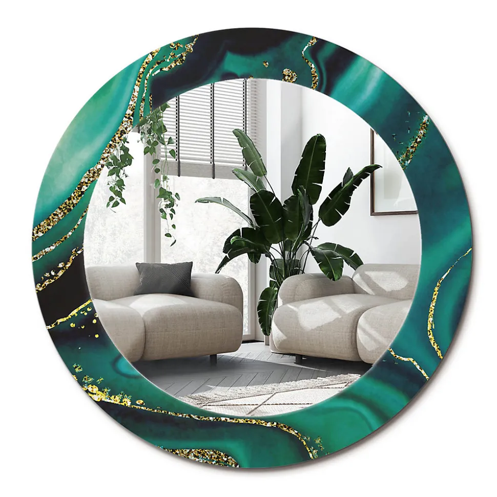 Miroir Rond Cadre Verre Imprimé Wallfluent fi90 cm Marbre Émeraude Grand Modèle Tendance Design Glamour
