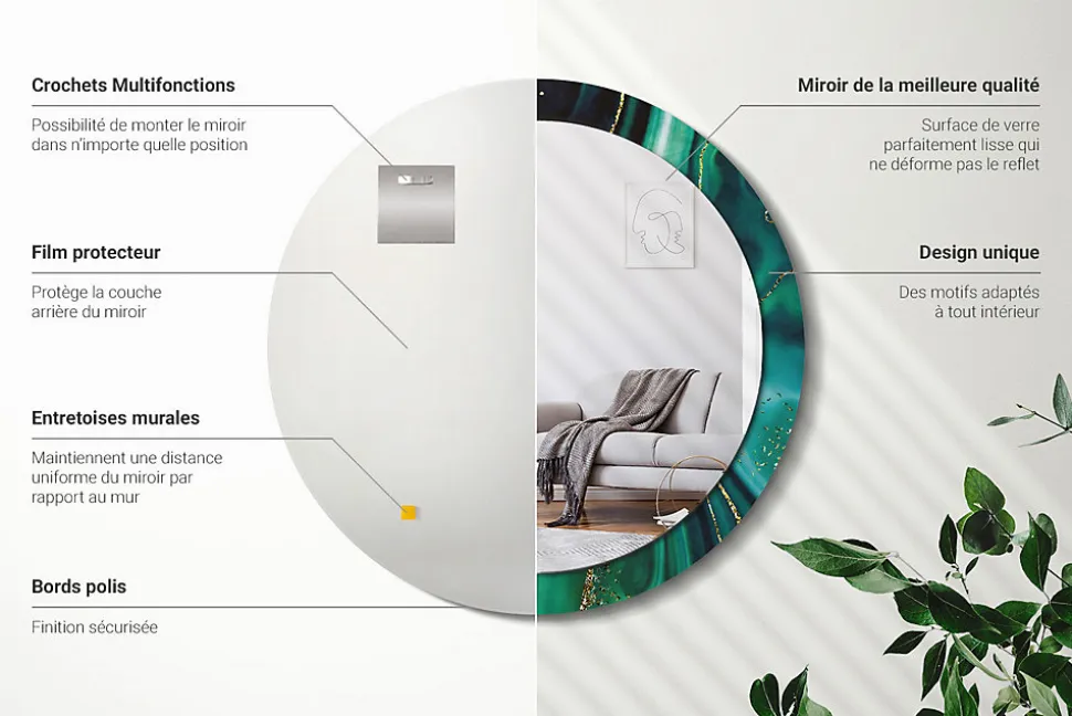 Miroir Rond Cadre Verre Imprimé Wallfluent fi90 cm Marbre Émeraude Grand Modèle Tendance Design Glamour