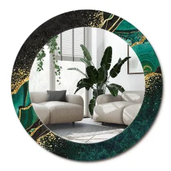 Miroir Rond Cadre Verre Imprimé Wallfluent fi80 cm Vert Marbre Décoratif Modèle Tendance Design Glamour